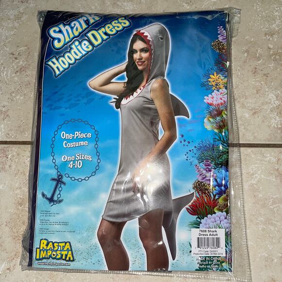 WOMENS SHARK HOODED SLEEVELESS DRESS HALLOWEEN COSTUME GC7608 - Picture 1 of 3